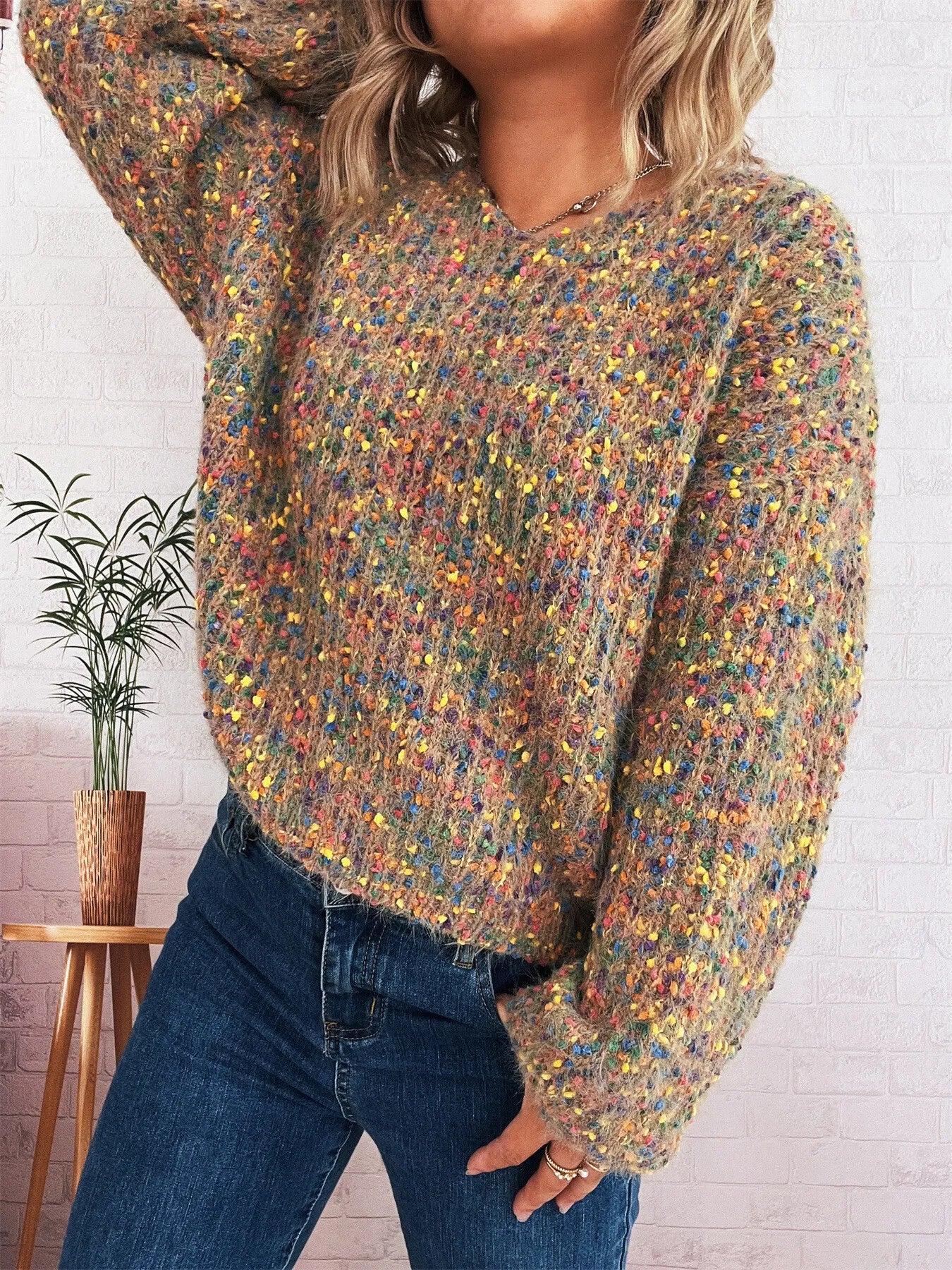 Women’s Colorful Long Sleeve Sweater – Vibrant Knit Pullover for Fall & Winter