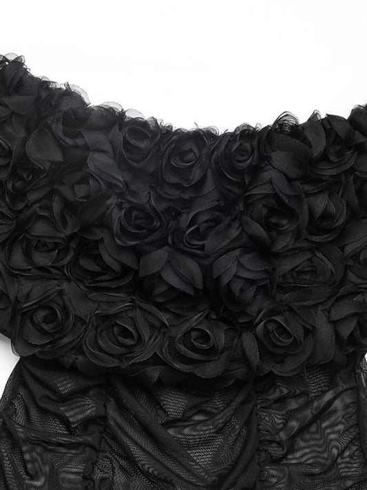Black Floral Mesh Off-Shoulder Bodysuit for Women – Sheer Sexy Club & Party Top