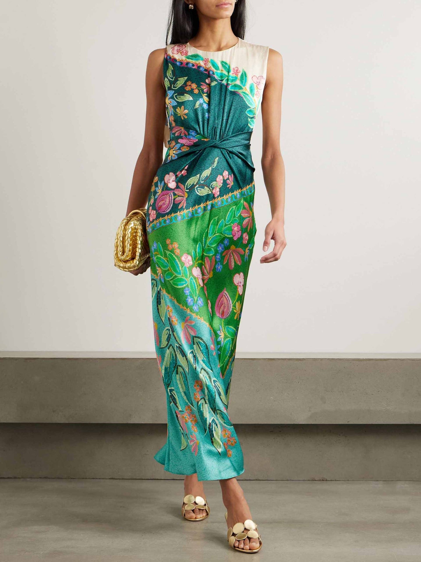 Exquisite Twisted Draped Floral Print Maxi Dress Green