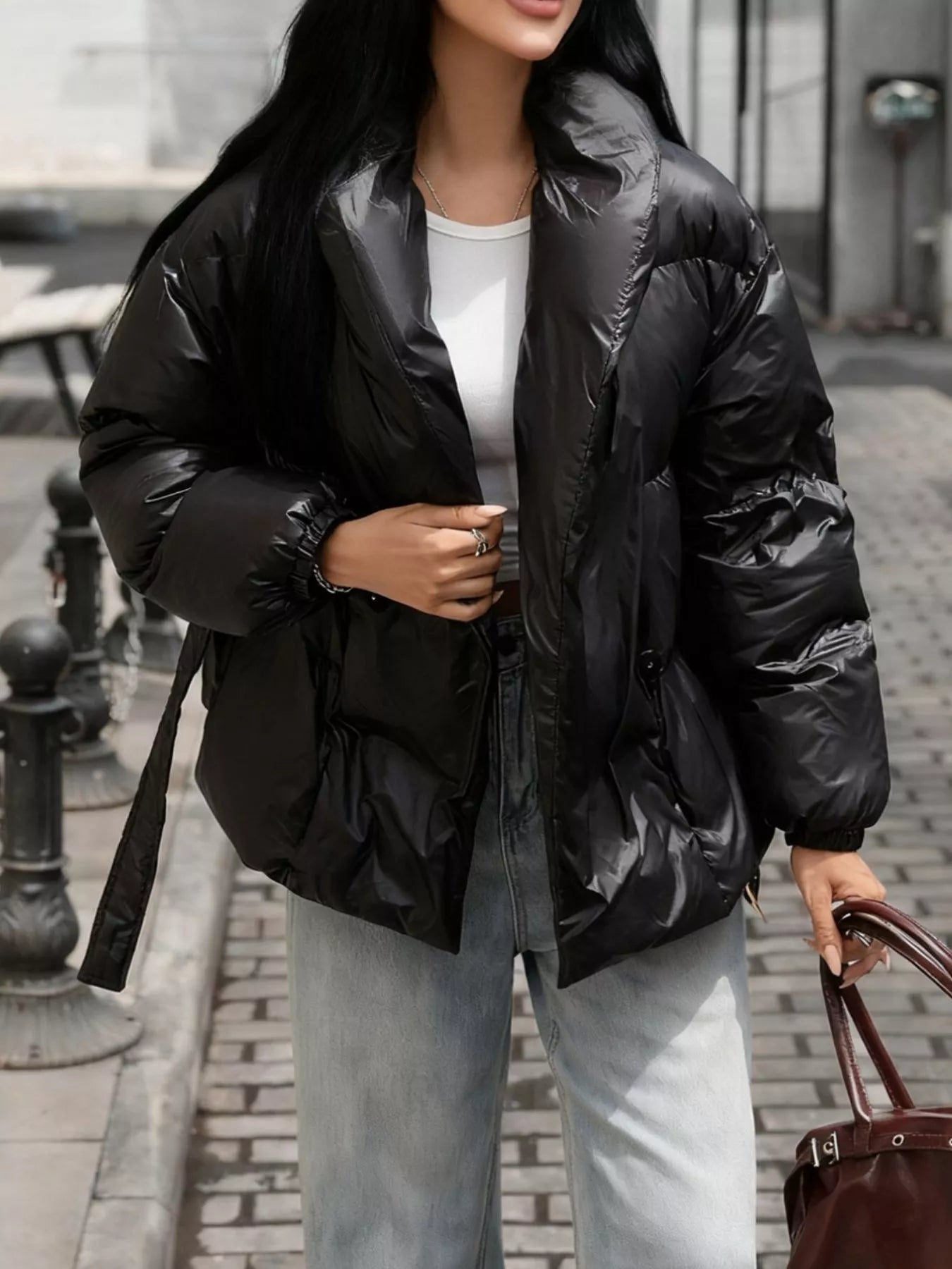 Silky Black Long Sleeve Belted Puffer Jacket