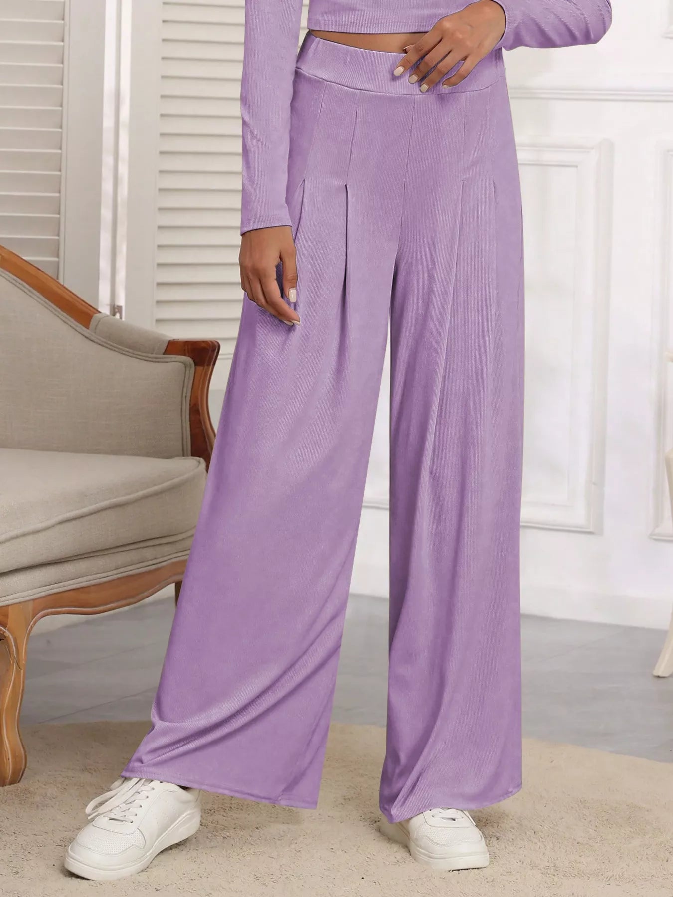 Casual Long Sleeve Crop Top and Wide Leg Pants Set