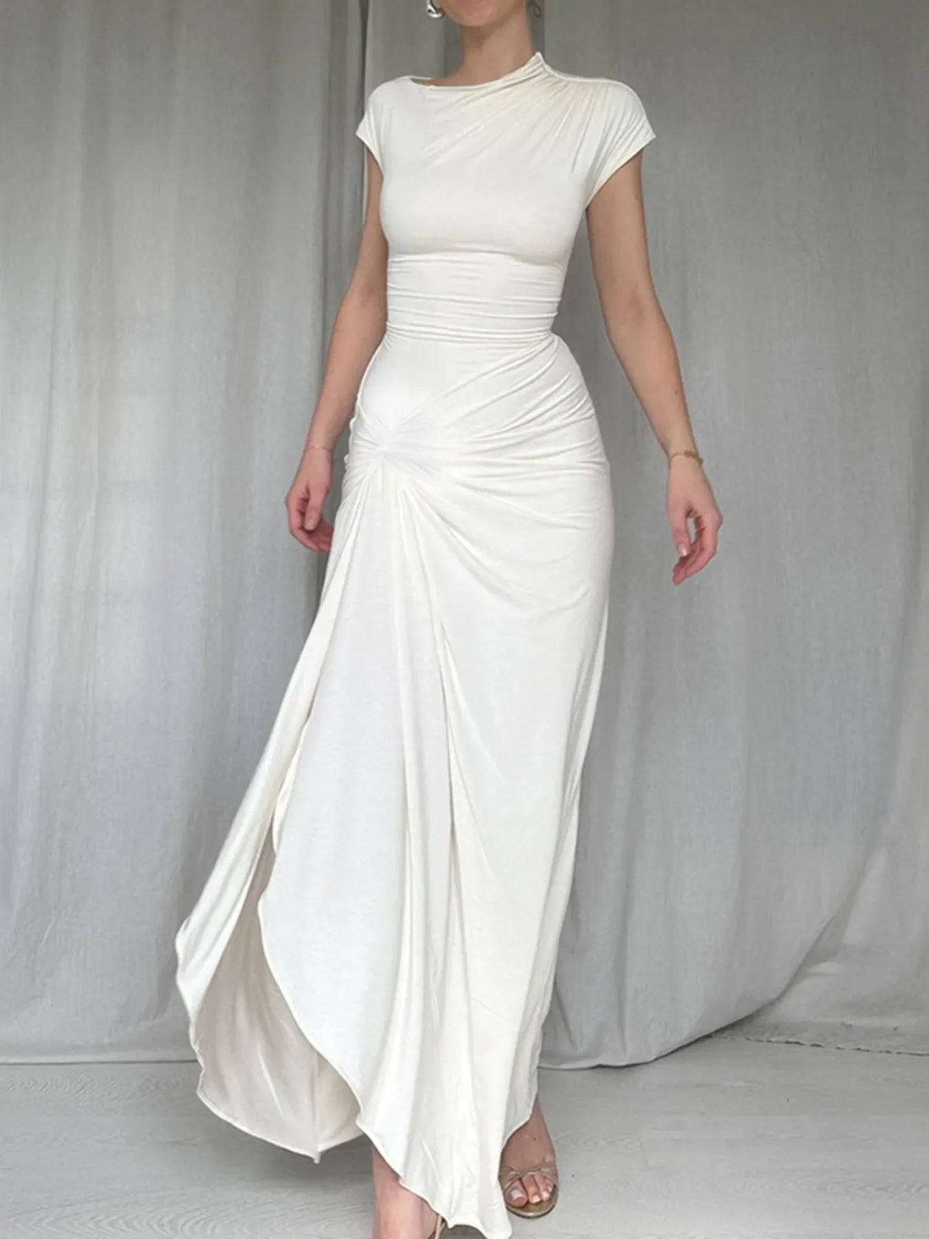 Ruched Slit Cap Sleeve Maxi Dress