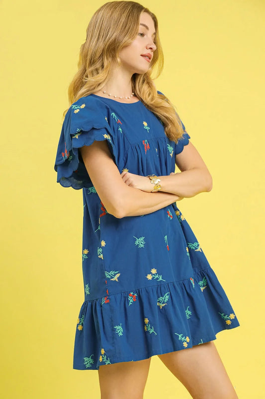 Dark Blue Floral Embroidered Mini Dress