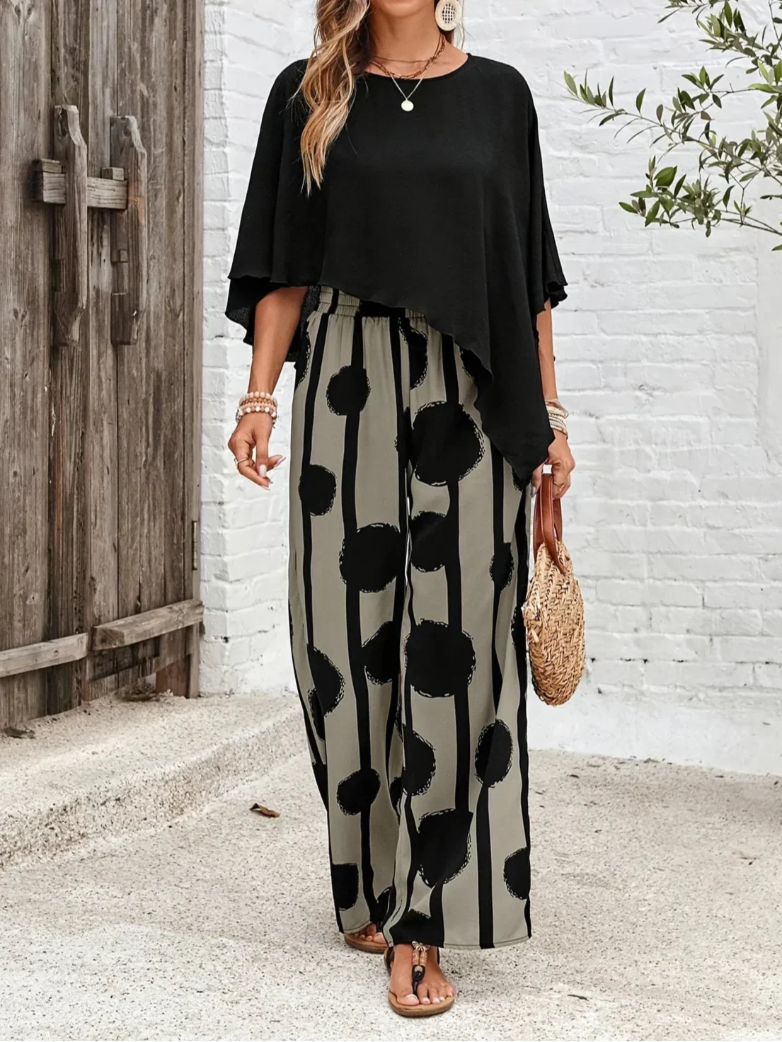 Milavie | Women’s Asymmetric Top and Printed Pant Set