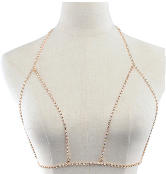 Rhinestone Bikini Bra Like Chest Necklace Trendy Street Sexy Accessories One Size Gold