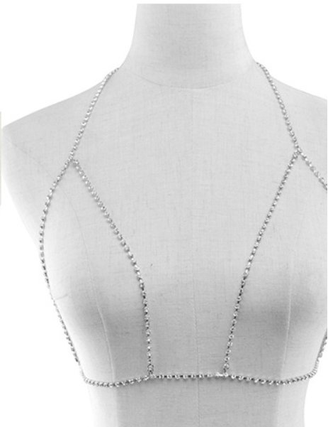 Rhinestone Bikini Bra Like Chest Necklace Trendy Street Sexy Accessories One Size Silver