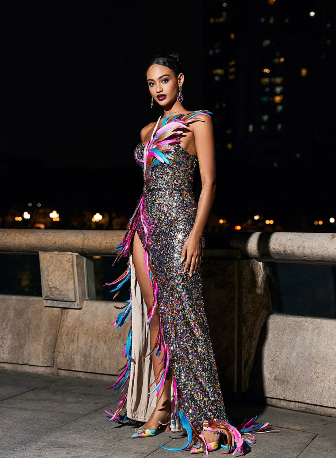 Feather|sequin maxi dress