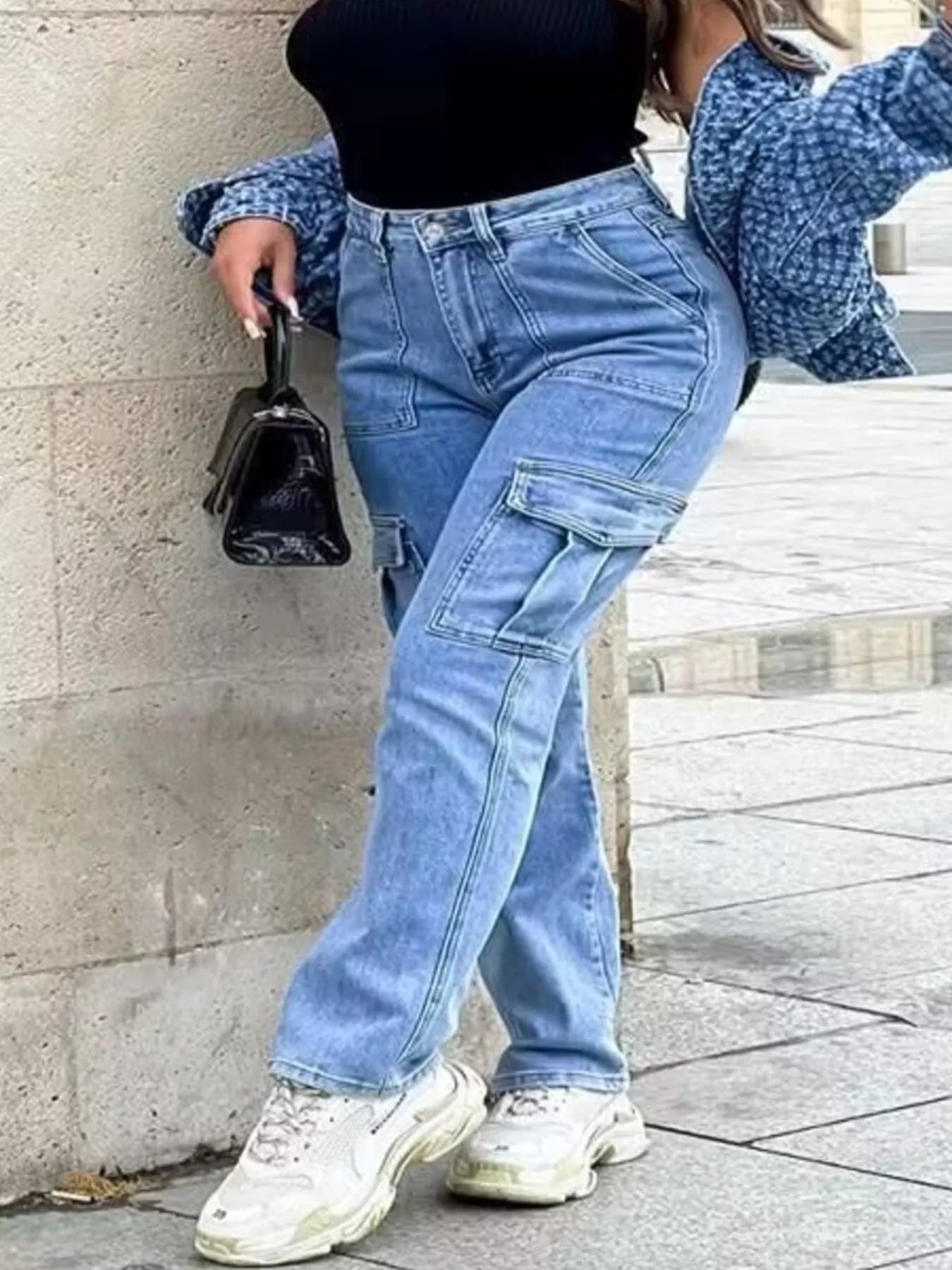 Light Wash Cargo Jeans with Multiple Pockets - Inclusive Sizing