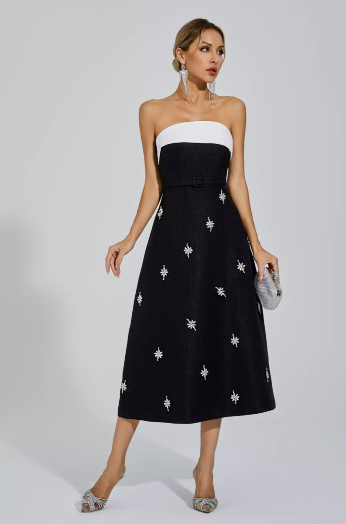 Emberlyn crystal tweed midi dress
