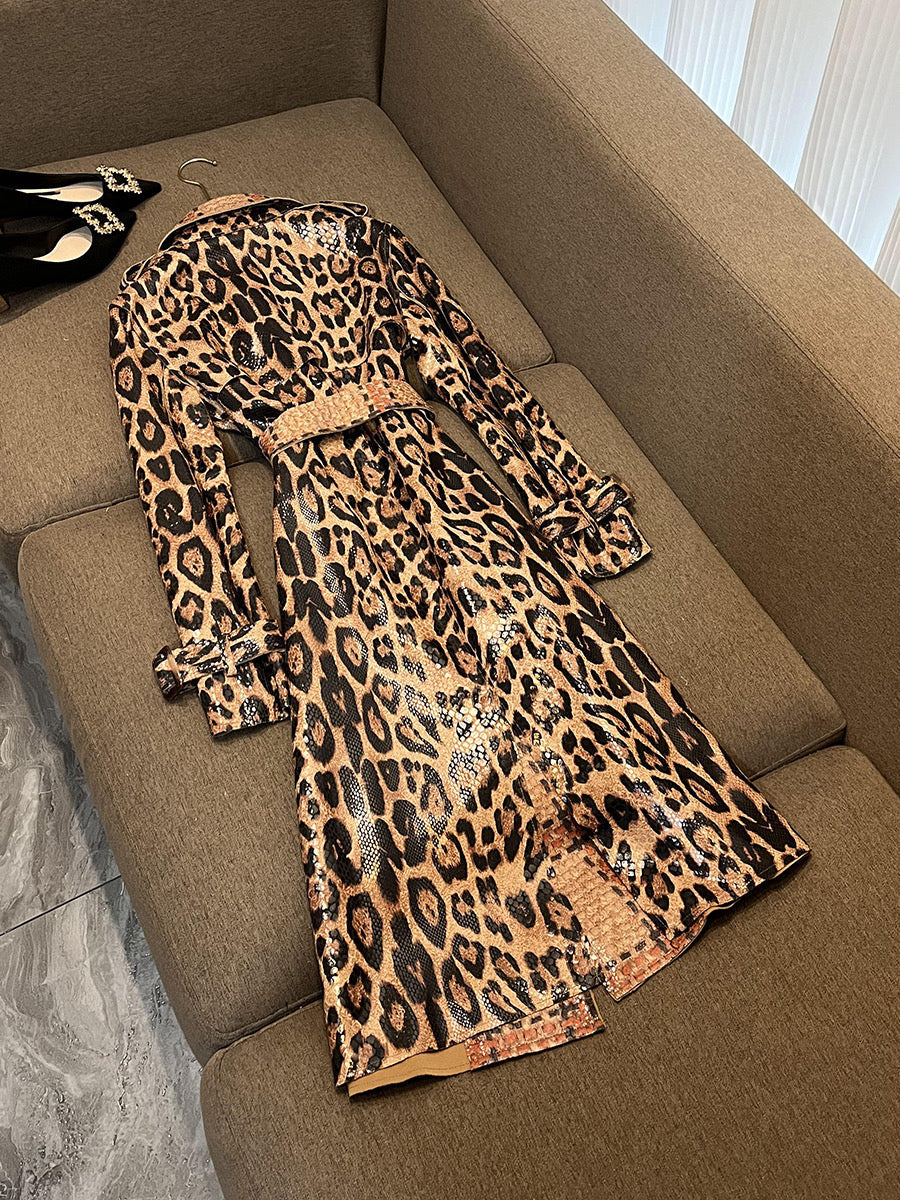 Leopard leather long coat