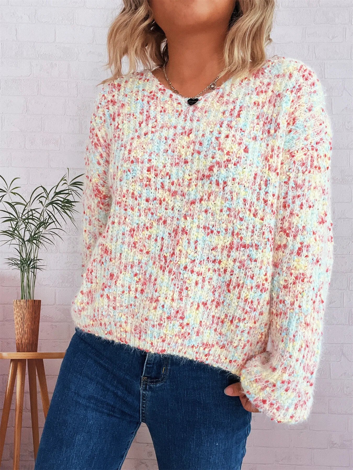 Women’s Colorful Long Sleeve Sweater – Vibrant Knit Pullover for Fall & Winter