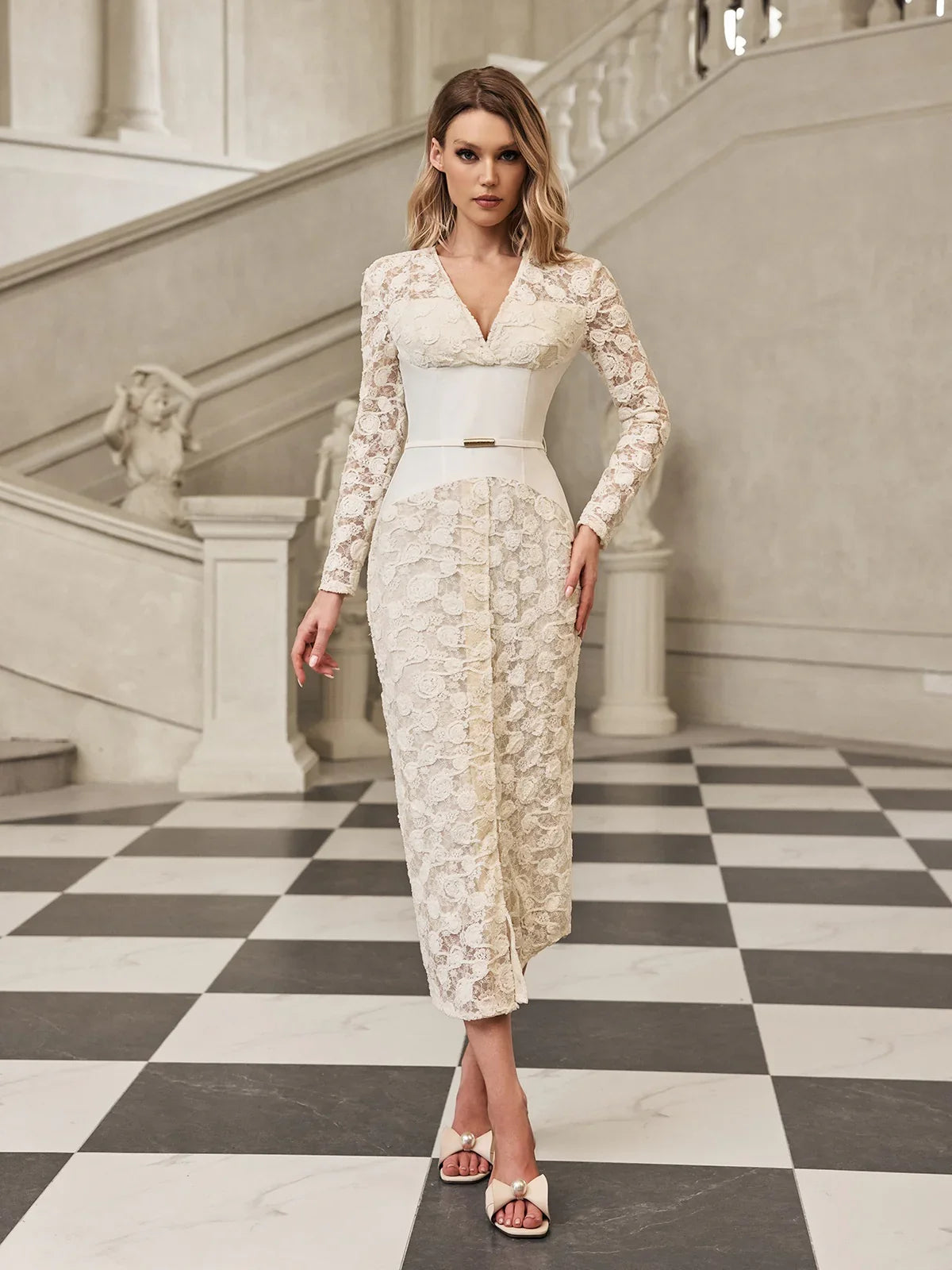 Élodie Lace Waist Midi Dress
