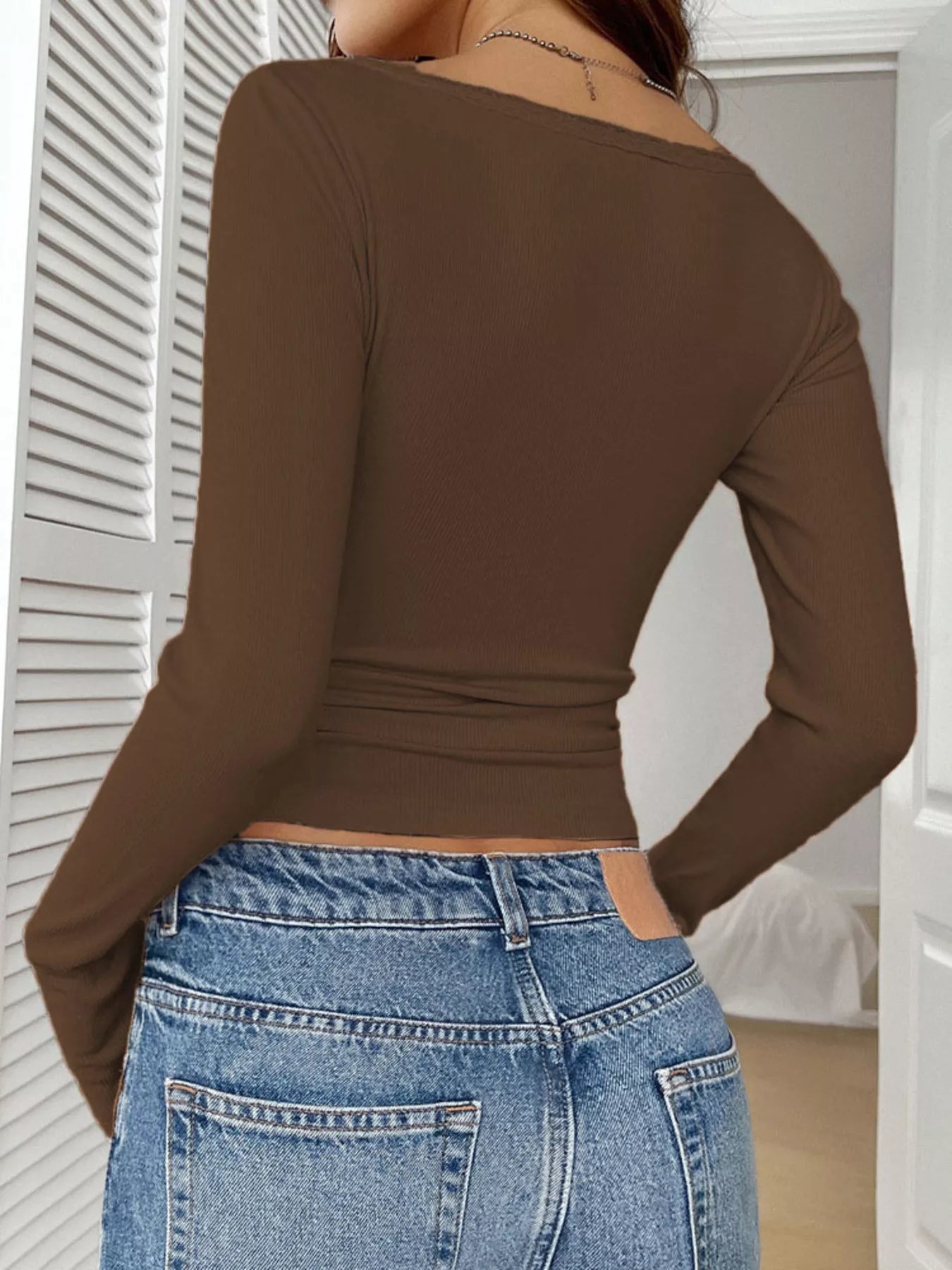 Ribbed Knit Lace Trim Long Sleeve T-Shirt