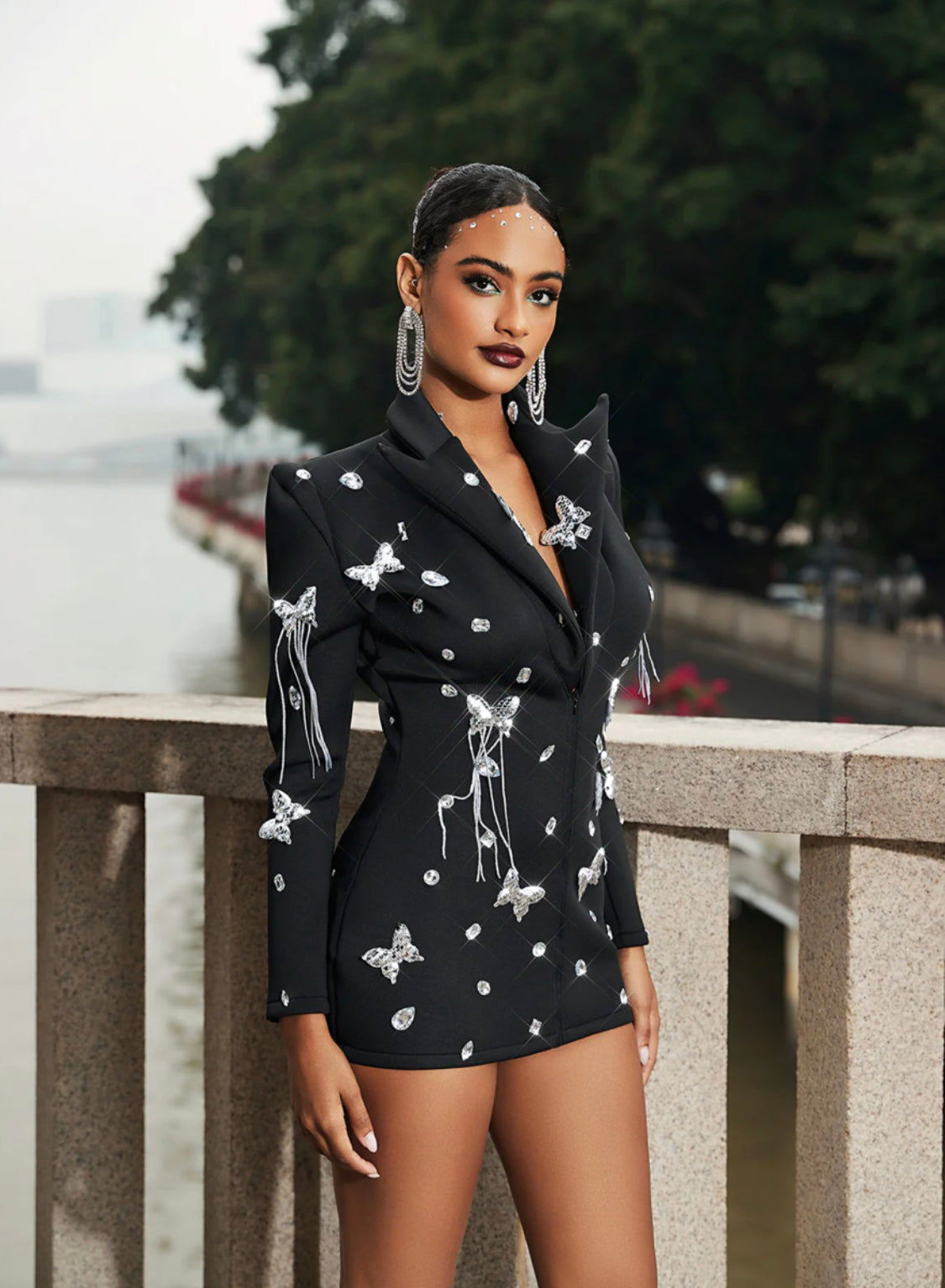 Butterfly embellished mini blazer dress