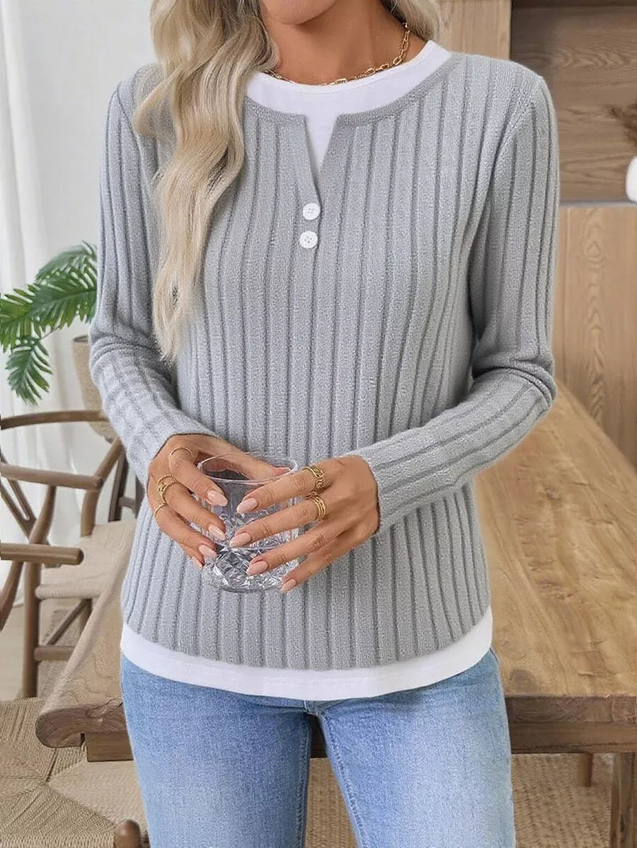 Ribbed Knit Long Sleeve Fake Two-Piece T-Shirt