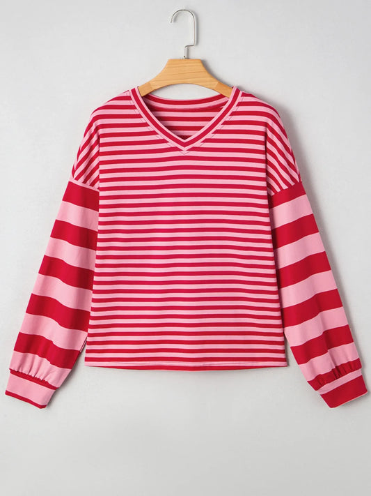 Red and Pink Striped V Neck Sweater