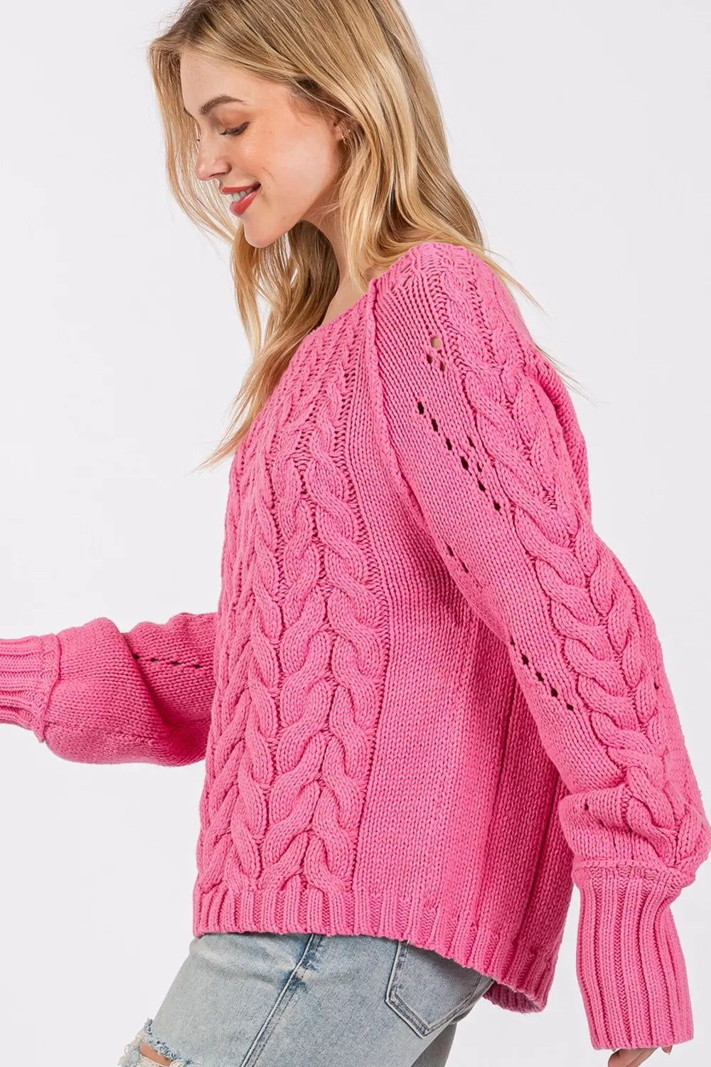 Deep Pink Cable-Knit Long Sleeve Sweater – Vibrant, Cozy Winter Style