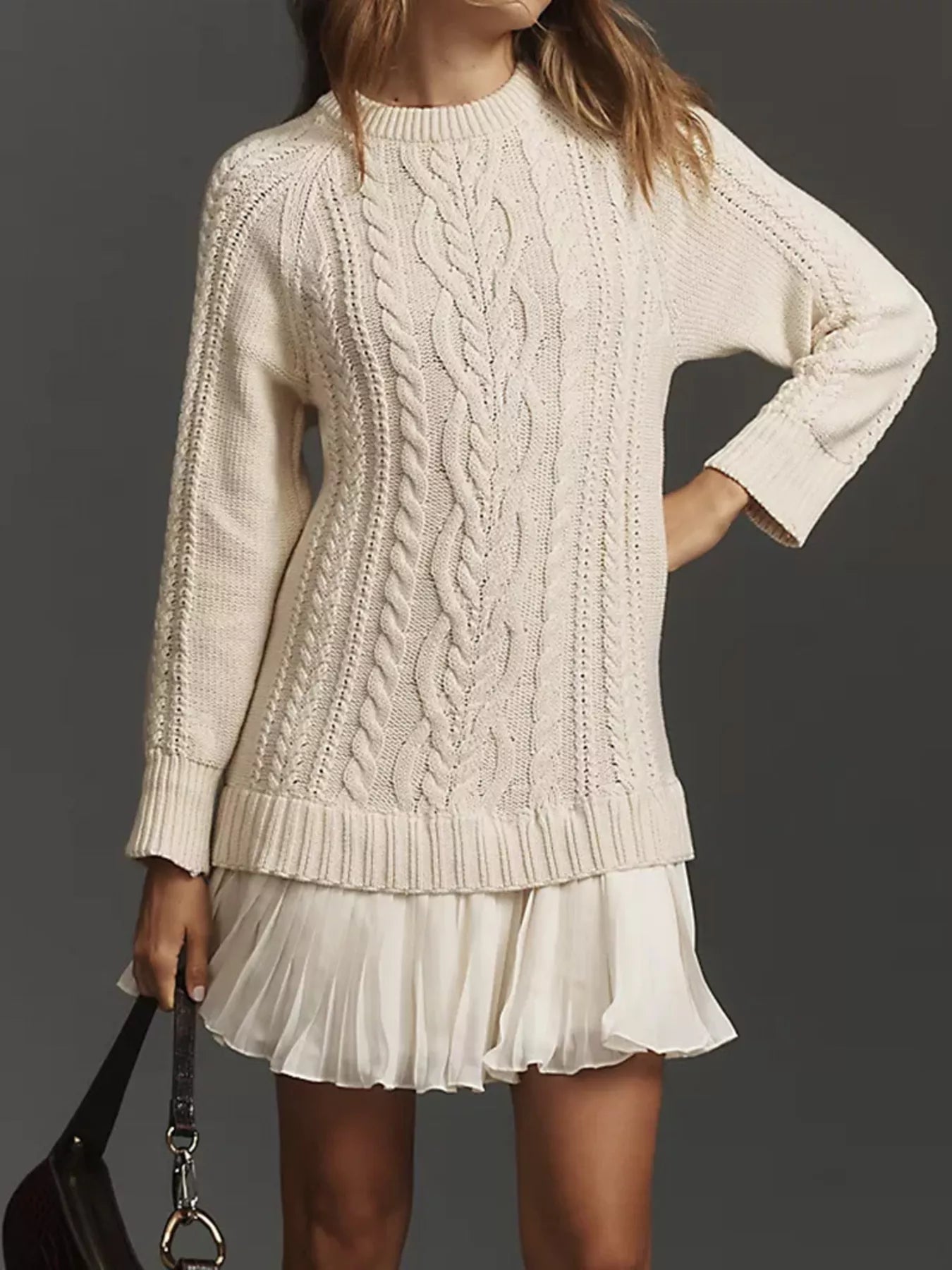 Full Size Cable Knit Pleated Hem Sweater Dress Plus Size