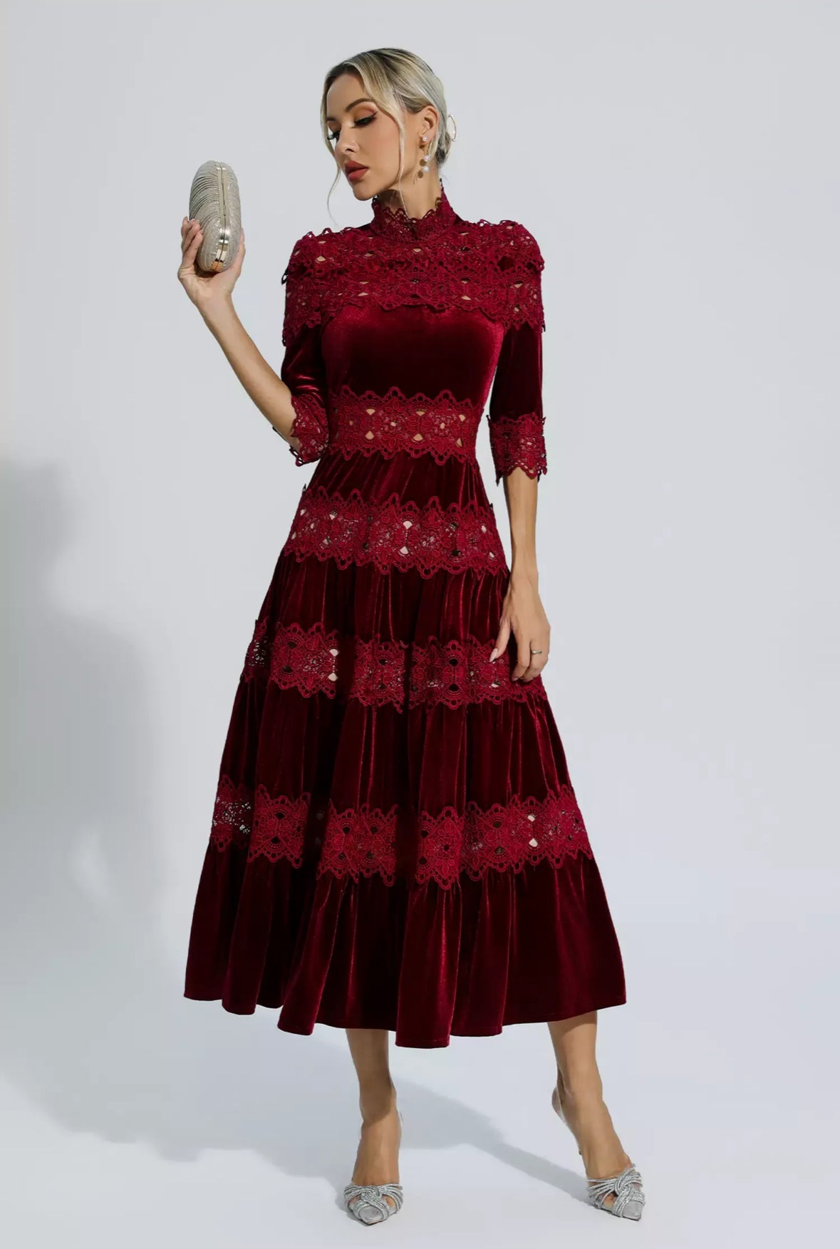 Red velvet flare maxi dress