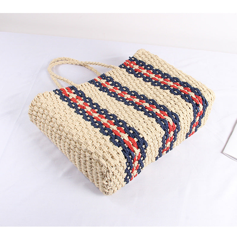 Straw Striped One Shoulder Beach Bag One Size Ivory