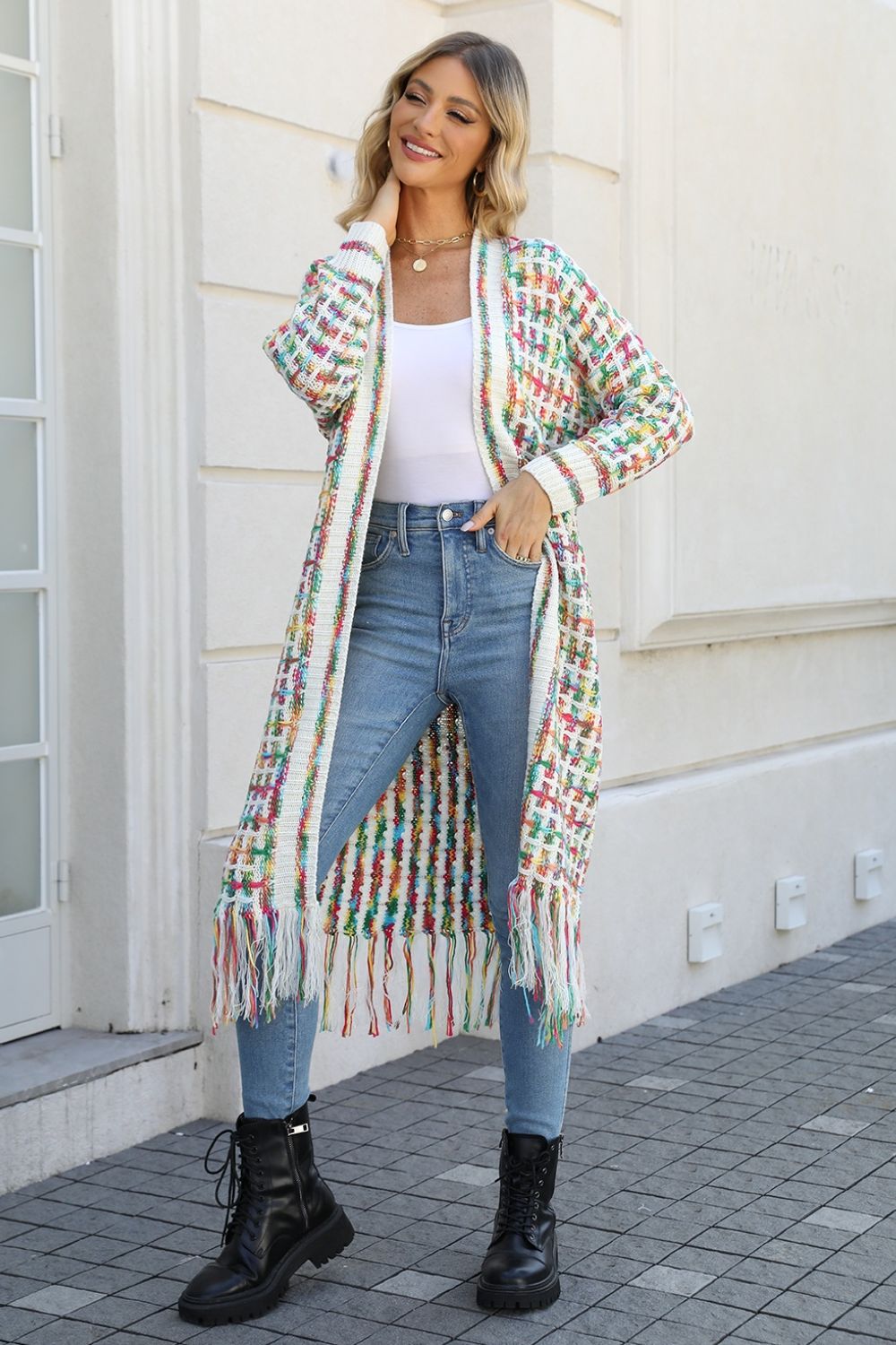 Multicolored Open Front Fringe Hem Cardigan Mid Green