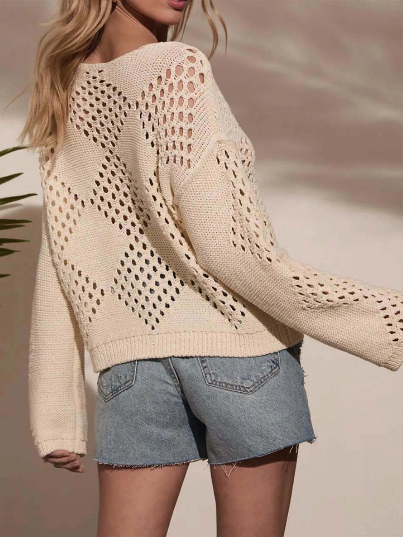 Openwork Boat Neck Long Sleeve Sweater