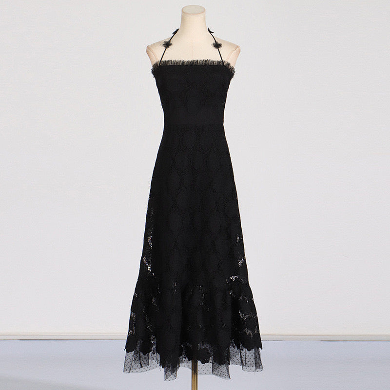 Flower lace midi dress Black