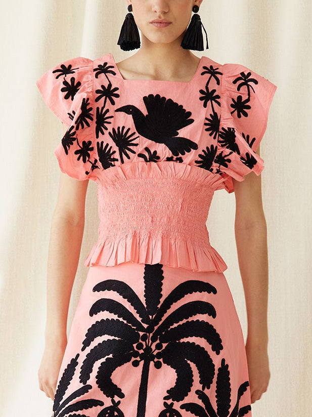 Elegant Palm Tree And Exotic Bird Print Tank Top Pink