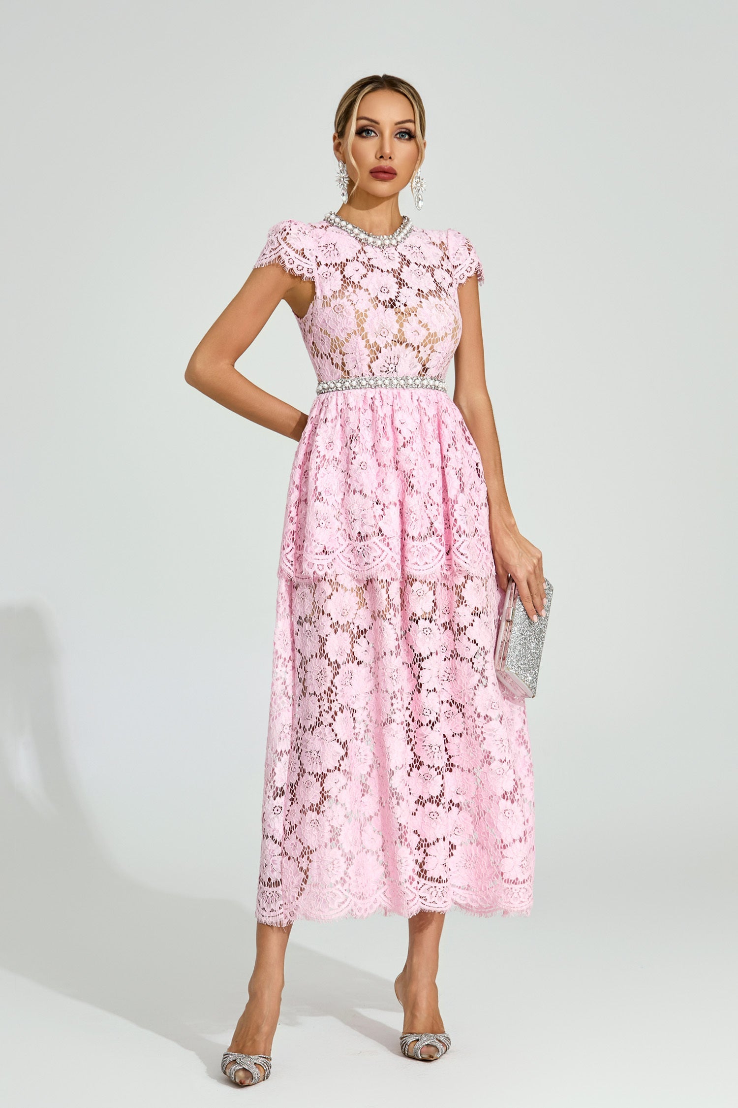 Lila Pink Lace Crystal Trim Midi Dress