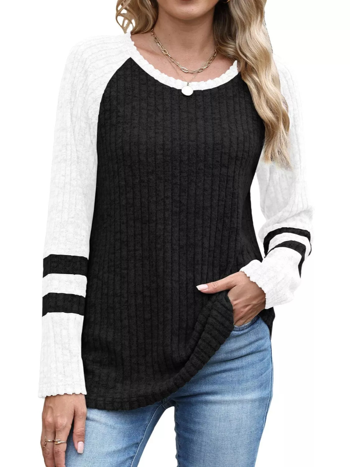 Ribbed Knit Raglan Long Sleeve T-Shirt
