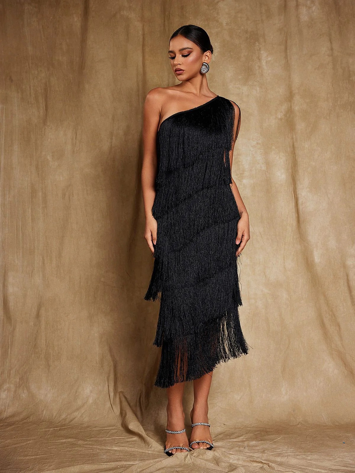 Aliyah Black one shoulder fringe midi dress