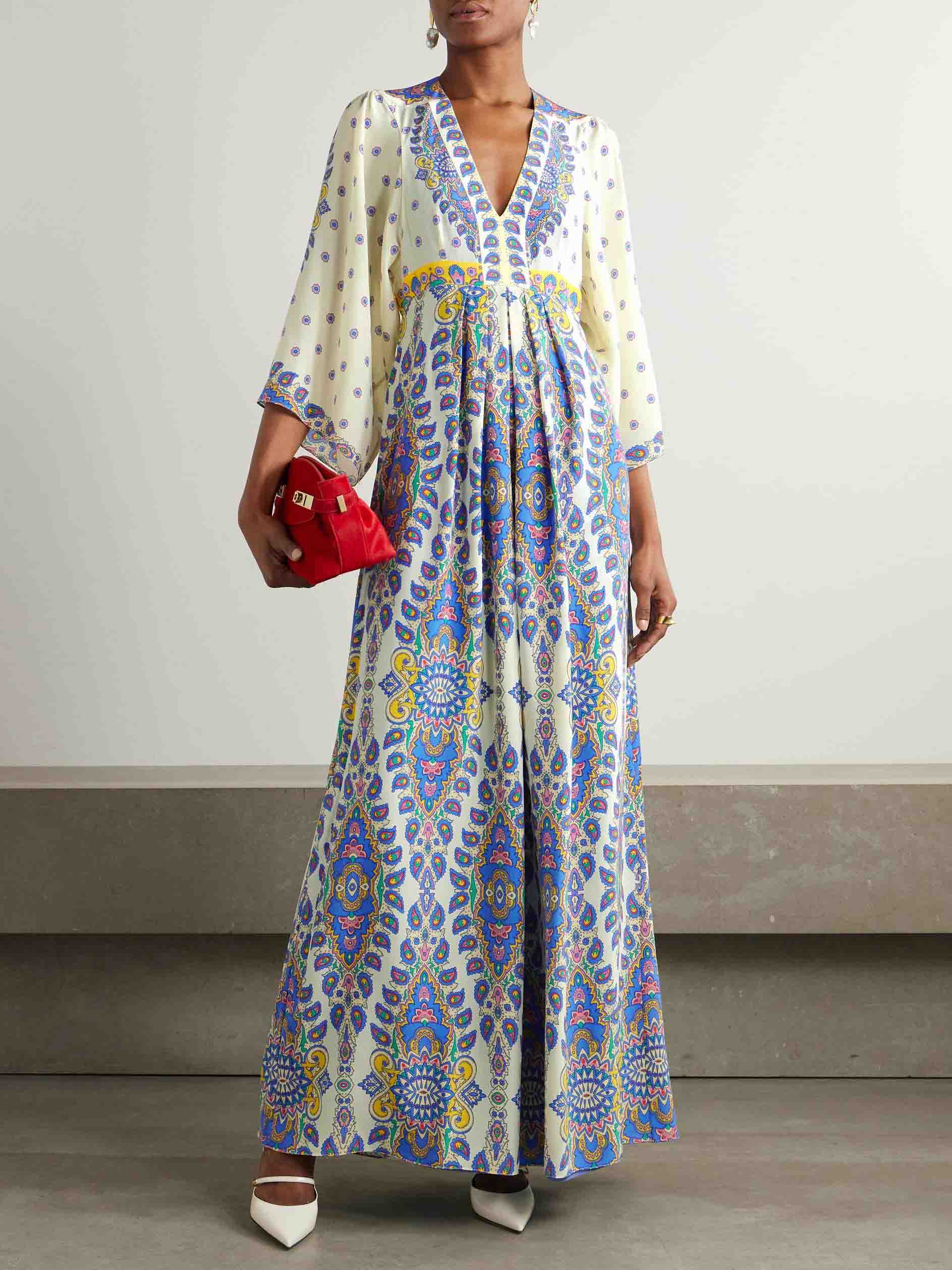 Exquisite Ornate Paisley Print V-neck Maxi Dress Blue