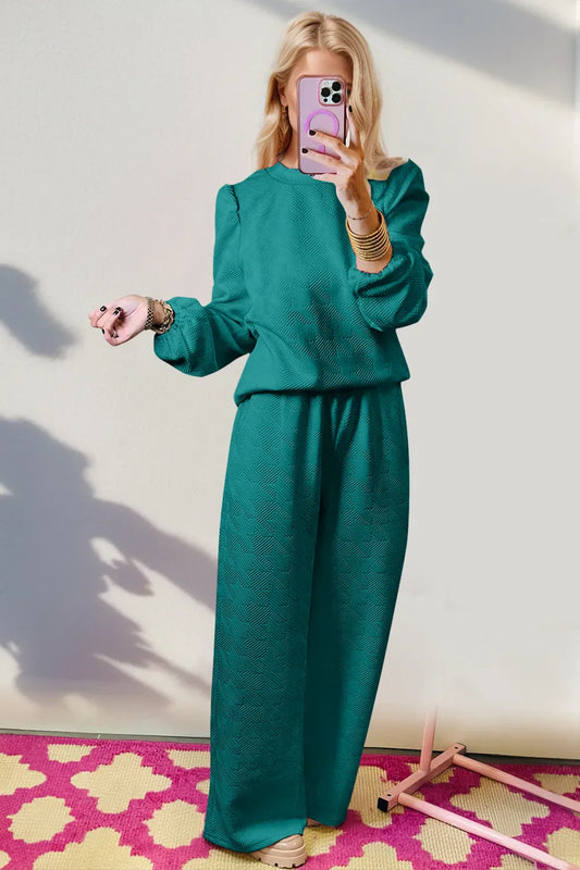 Chic Textured Long Sleeve Top & Wide Leg Pants Set – Double Take Women’s Loungewear