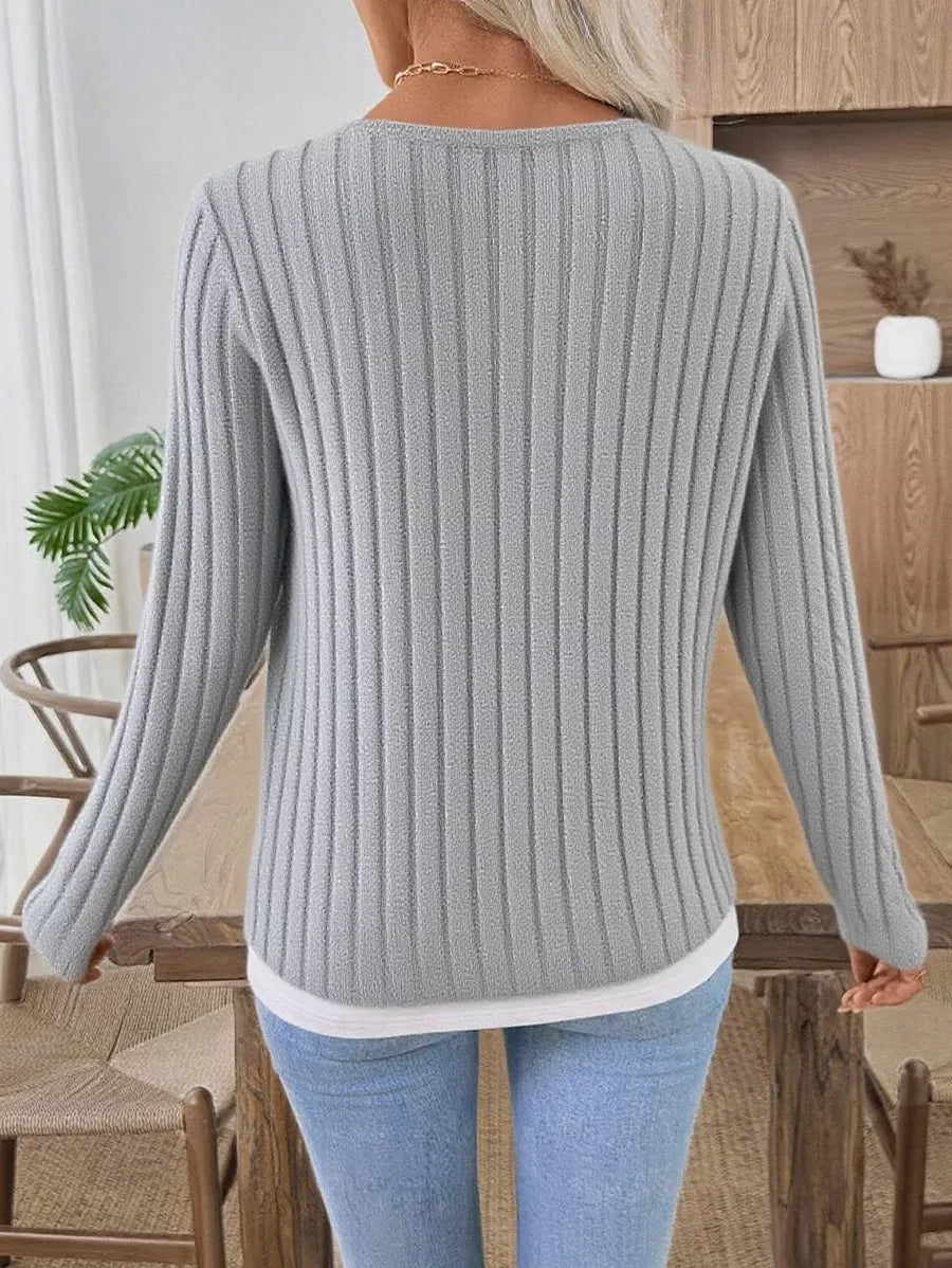 Ribbed Knit Long Sleeve Fake Two-Piece T-Shirt