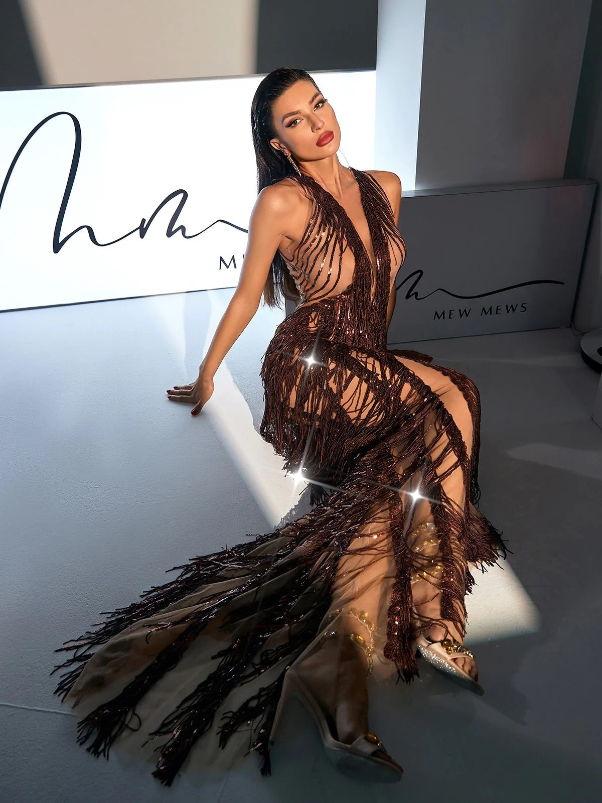 Brown sequin fringe maxi dress