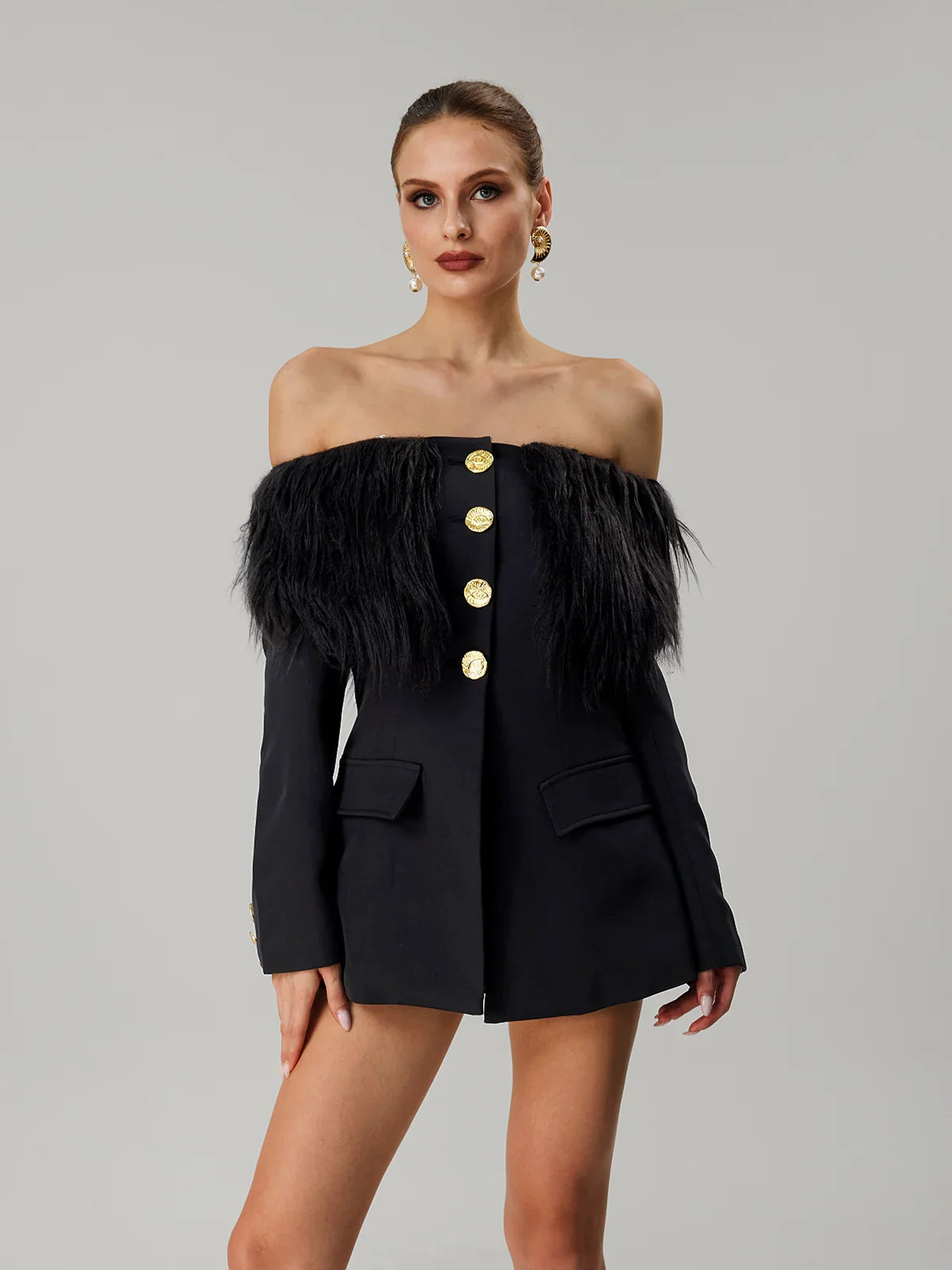 Noir Plume Off-Shoulder Blazer Dress