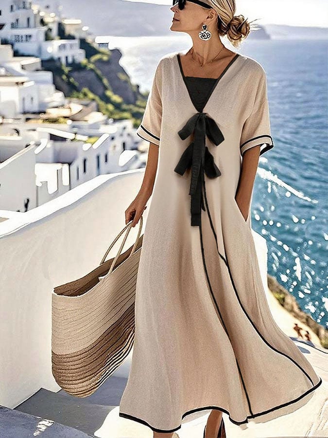 Women's Holiday Casual Contrast Loose Bow Dress