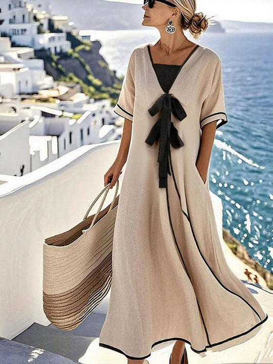 Women's Holiday Casual Contrast Loose Bow Dress