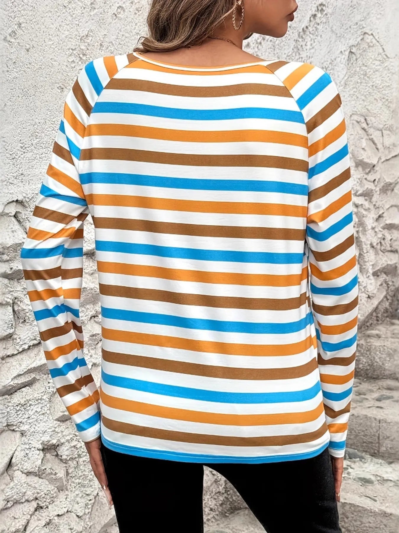 Light Blue and Gold Full Size Striped Long Sleeve Casual Top Plus Size