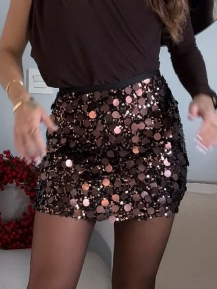Elegant One-Shoulder Bodysuit & Sequin Mini Skirt Set Brown Skirt