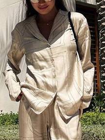 Geometric Letter Print Shirt Wide Leg Suit-Shirt Apricot