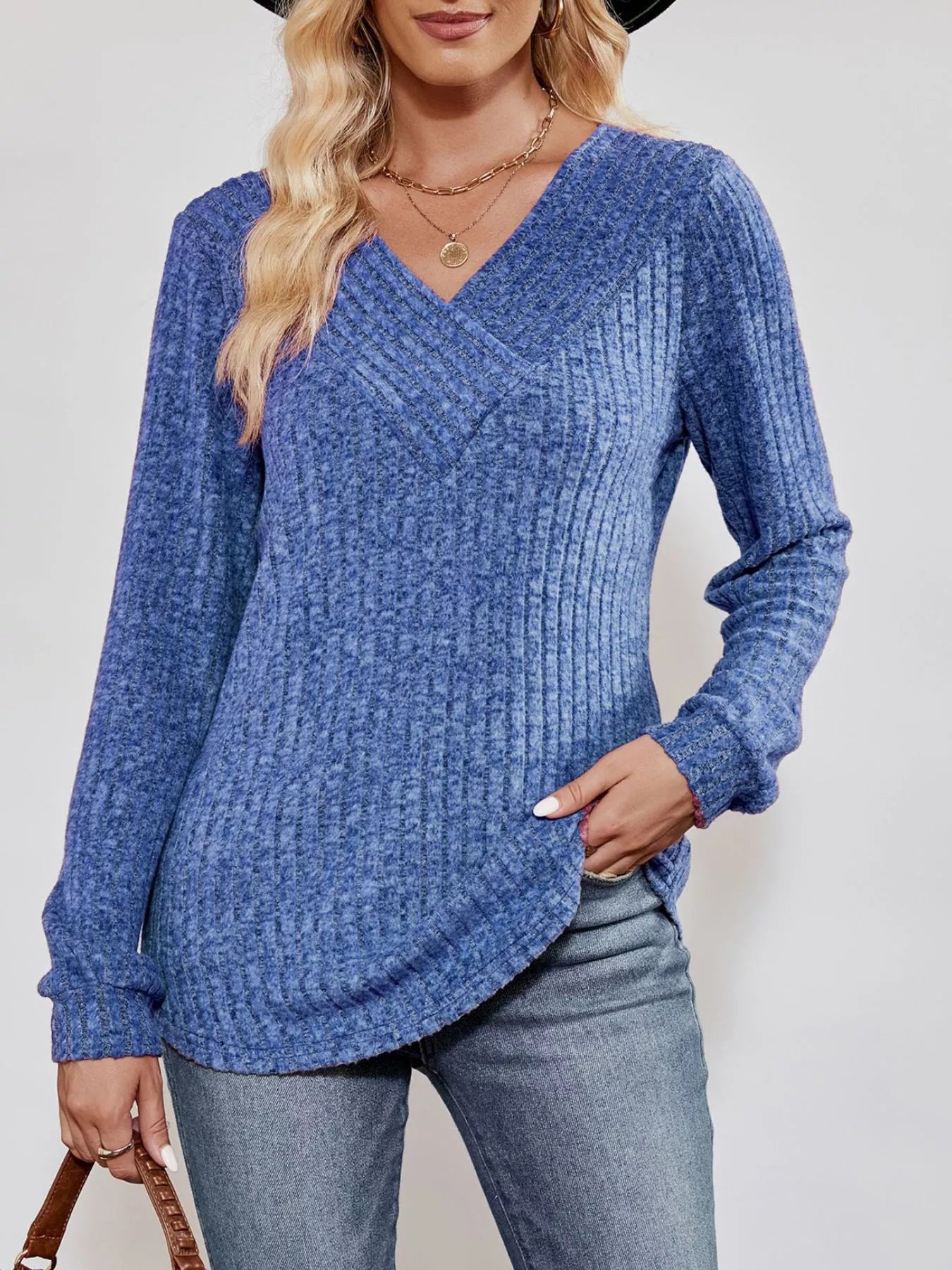 Ribbed Knit V-Neck Long Sleeve T-Shirt