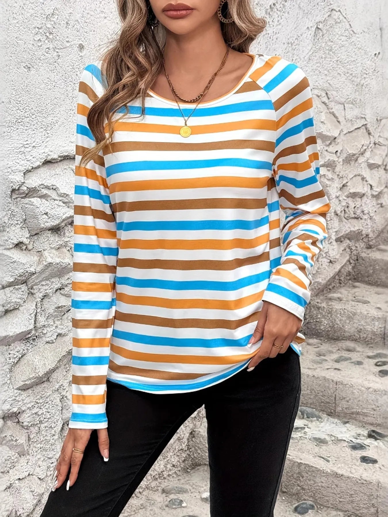 Light Blue and Gold Full Size Striped Long Sleeve Casual Top Plus Size