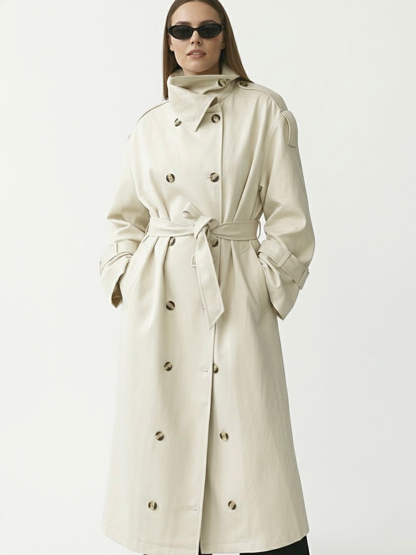 Zoe | High-Neck Belted Long Trench Coat