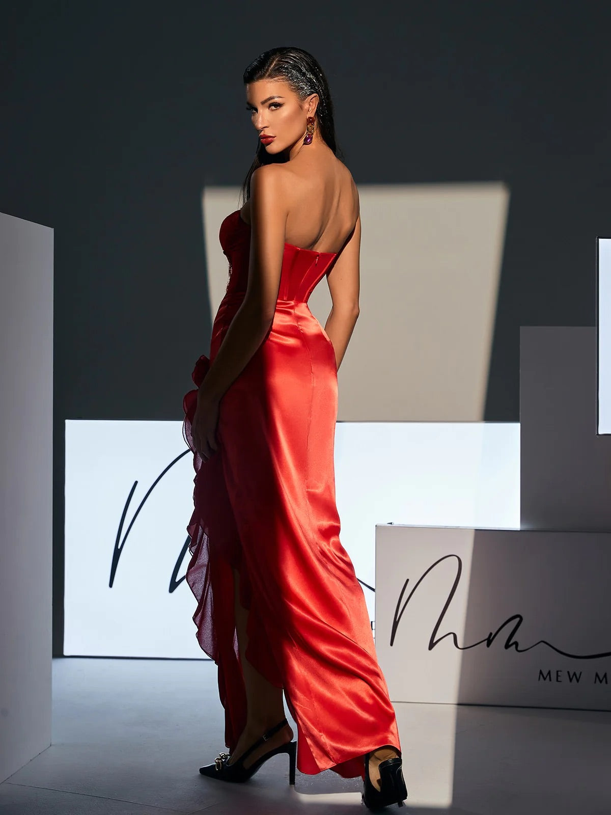 Red satin/lace corset style maxi dress