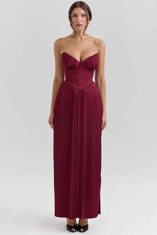 Céleste Pleated Bustier Gown - Burgundy
