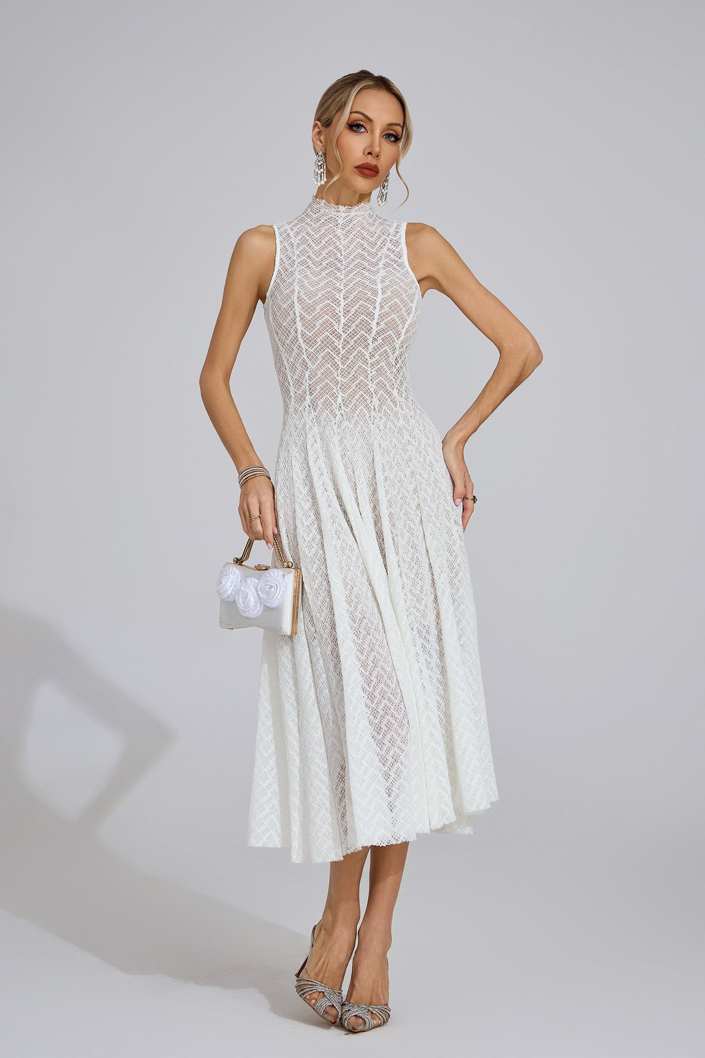 Elara High-Neck Lace Midi Dress