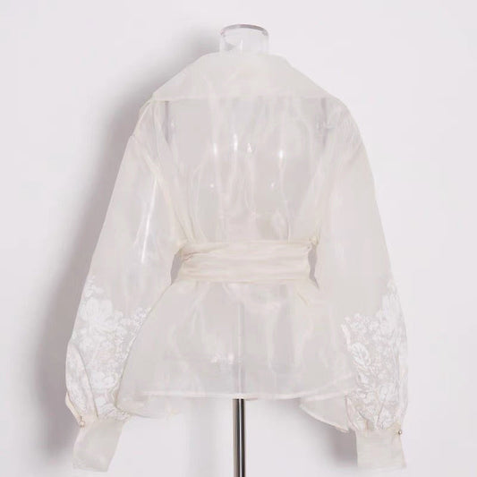 Semi Sheer Embroidered Wrap Blouse – Ivory