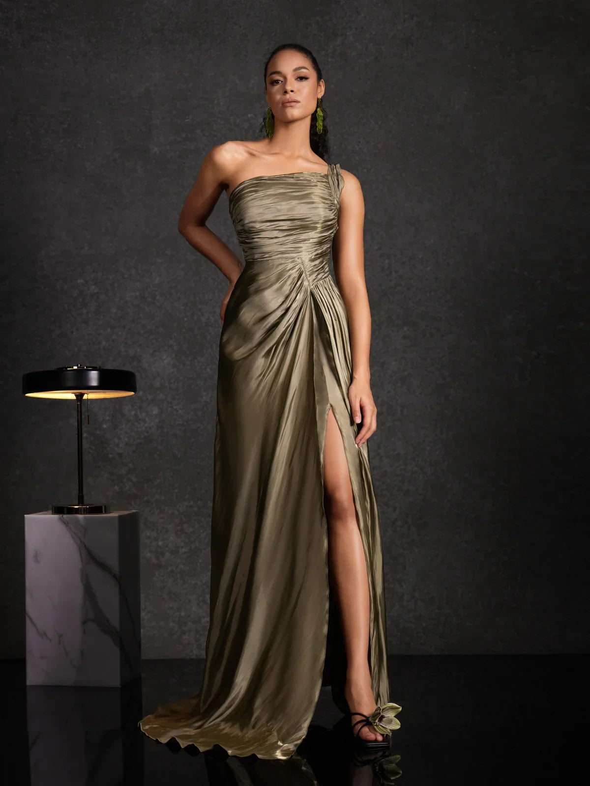 Olive One-Shoulder Satin Gown