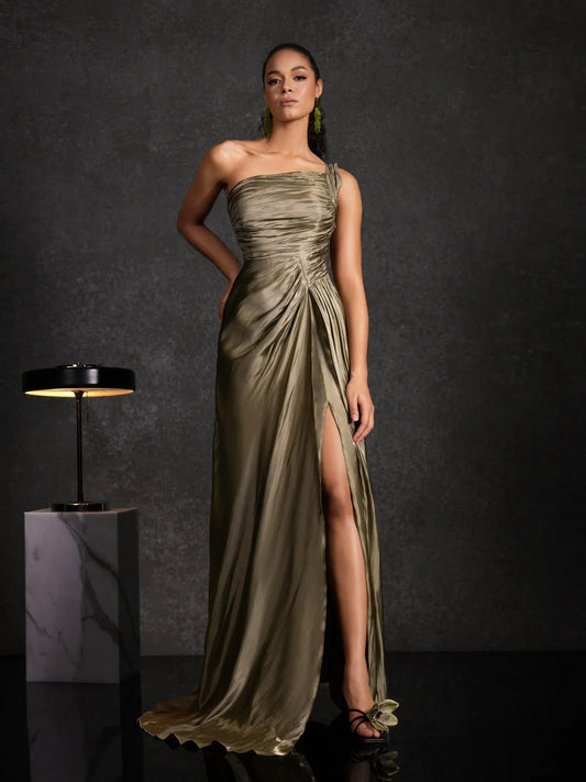 Olive One-Shoulder Satin Gown